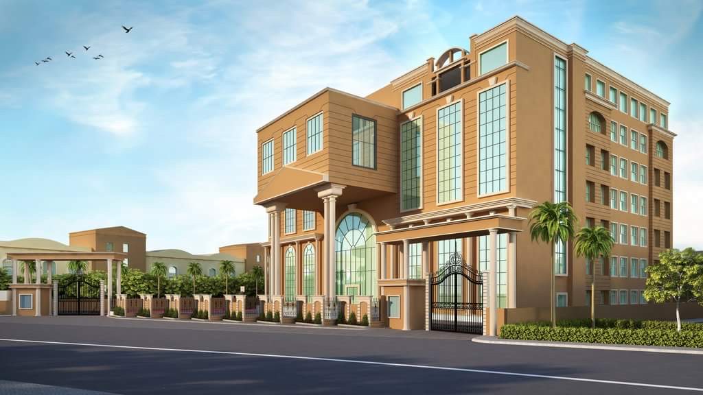 Architectural render of the classical school building before glazing